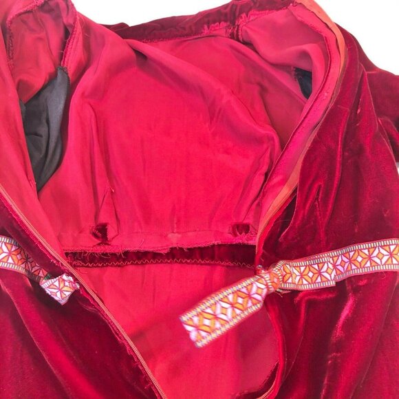 Vintage 1970s Red Velvet LS Empire Waist Maxi Dress Embroidered Waistband - Picture 11 of 12